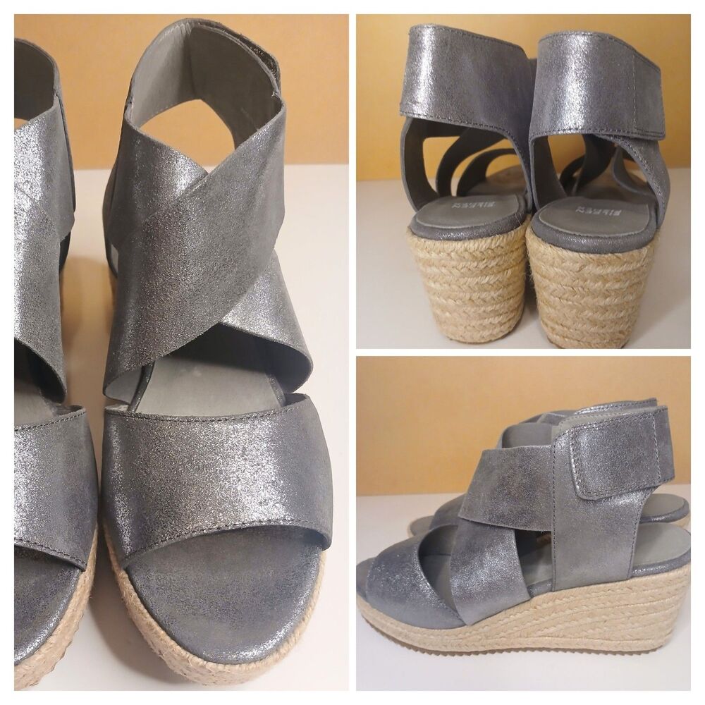 Eileen Fisher Sz 9 Platform Wedge Espadrille Sandal Leather Metallic Gray $198